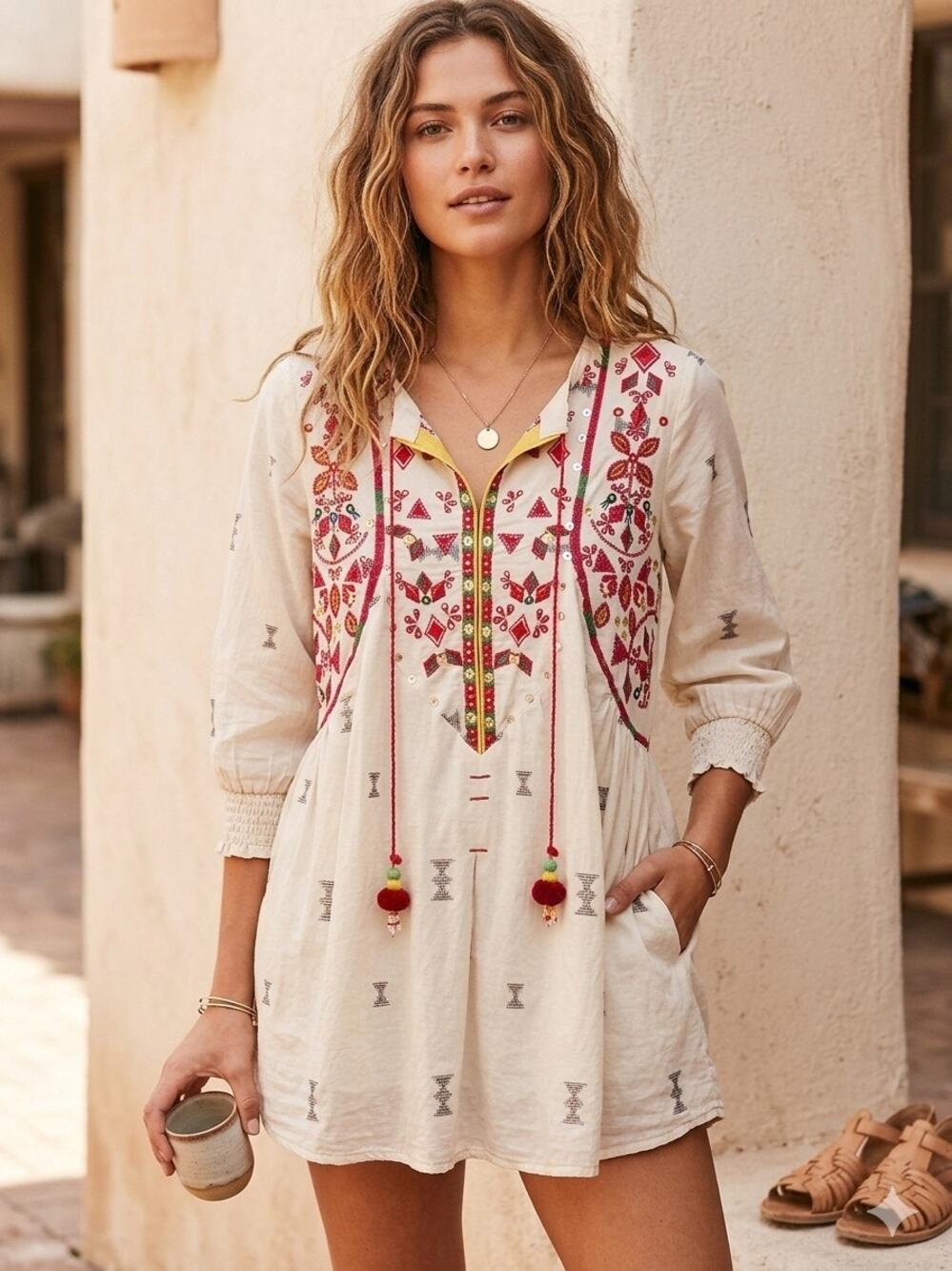 Ethnic by Outfitters Women's Embroidered Boho Tunic Blouse Pom Pom Tassel XS